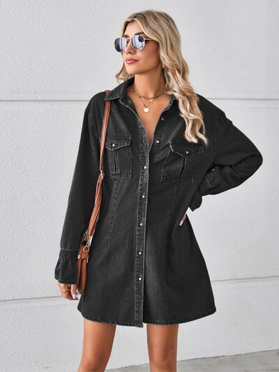 Pocketed Dropped Shoulder Mini Denim Dress Sunset and Swim   