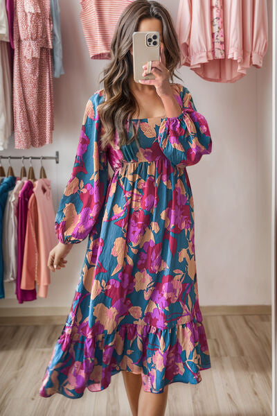 Square Neck Balloon Sleeve Midi Dress Sunset and Swim Hot Pink S 