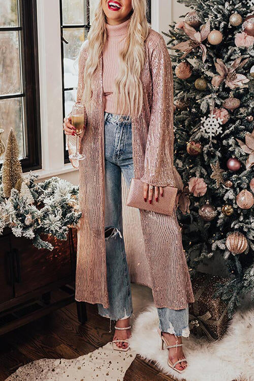 Sequin Open Front Long Sleeve Cardigan  Sunset and Swim Blush Pink S 
