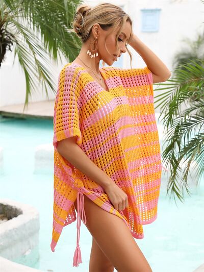 Sunset Vacation  Tassel Openwork Striped V-Neck Cover Up Sunset and Swim   
