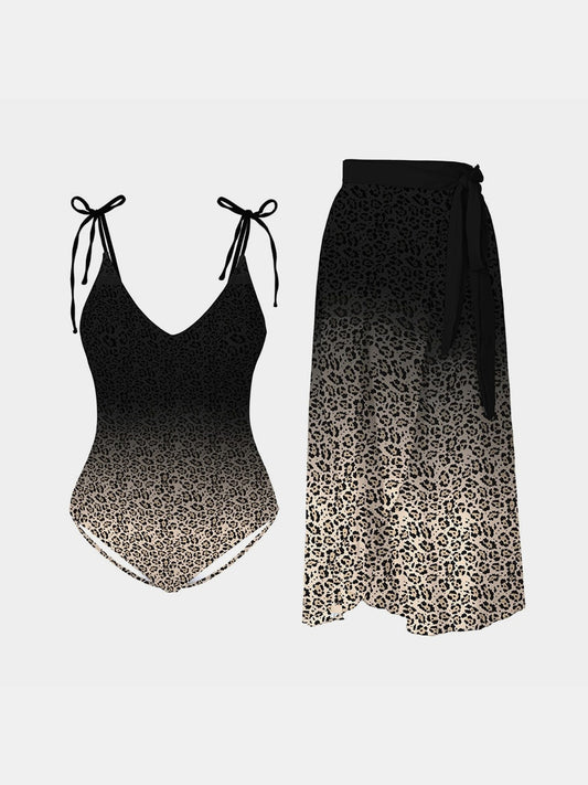 Sunset VCAY  Leopard Tie Shoulder Swimwear and Skirt Swim Set  Sunset and Swim Black S 