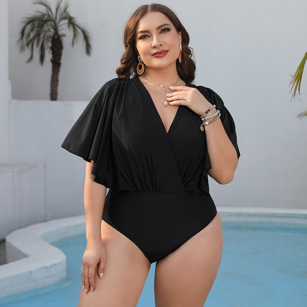 Plus Size Ruched Surplice Neck One-Piece Swimsuit  Sunset and Swim   