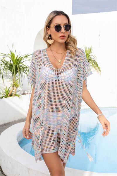 Sunset Vacation  Openwork Slit V-Neck Cover Up Sunset and Swim True Yellow One Size 