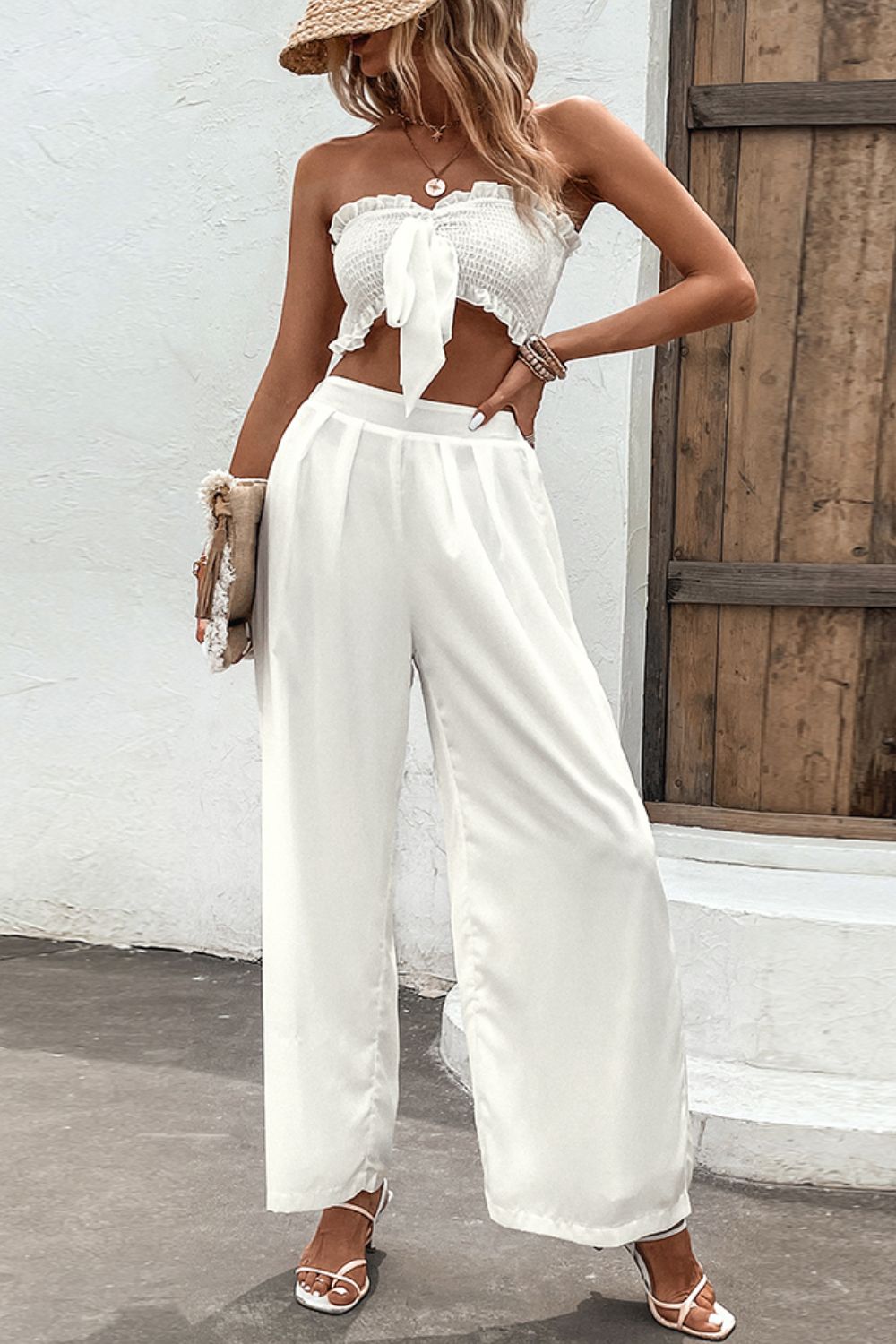 Smocked Tube Top and Wide Leg Pants Set  Sunset and Swim White S 