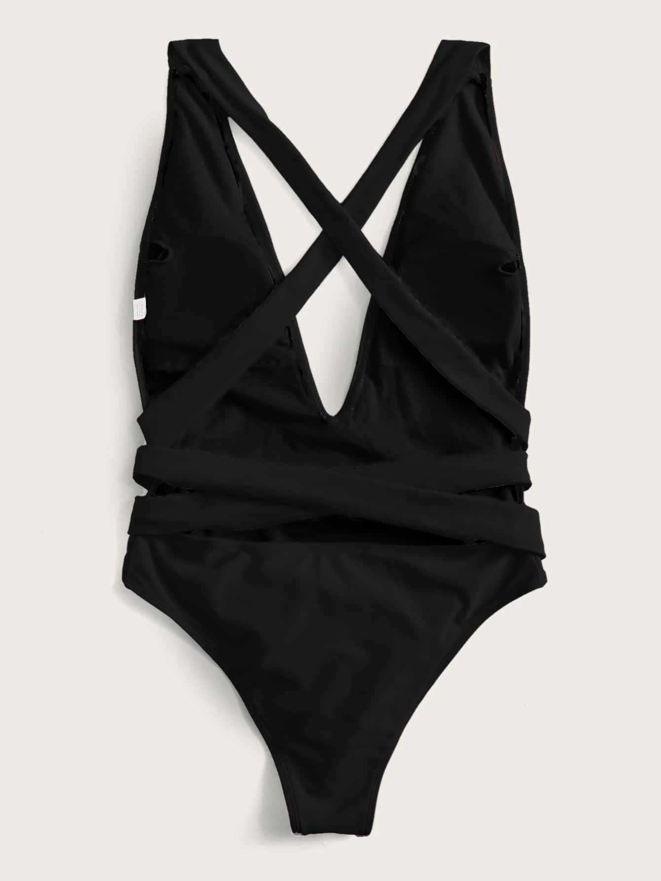 Halter Neck Deep V Tied One-Piece Swimsuit Sunset and Swim   