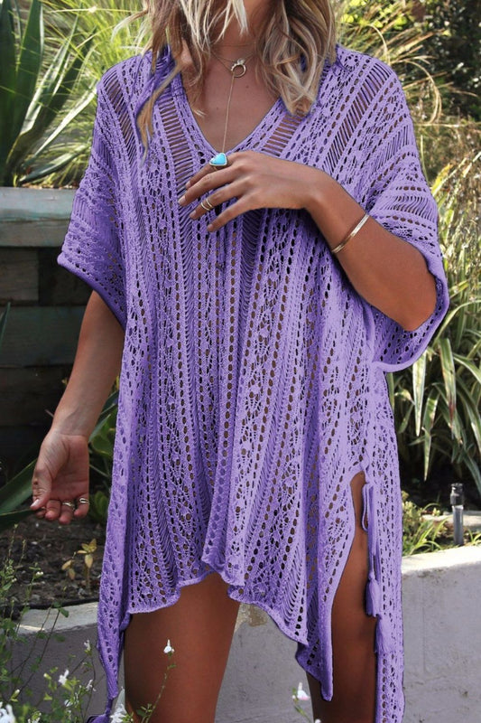 Sunset Vacation  Cutout V-Neck Cover-Up with Tassel  Sunset and Swim Lavender One Size 