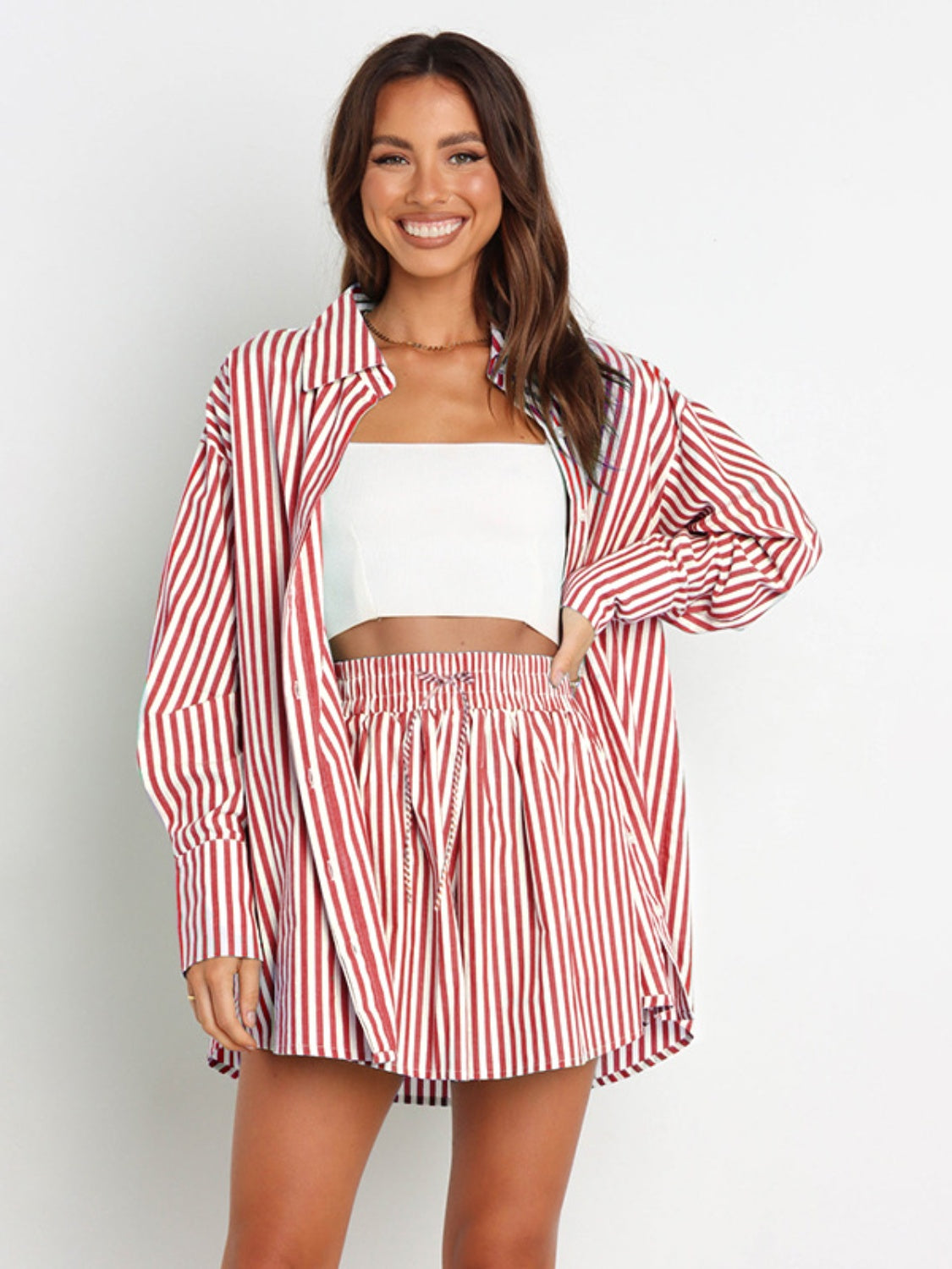 Sunset Vacation  Striped Dropped Shoulder Shirt and Shorts Set Sunset and Swim Deep Red S 