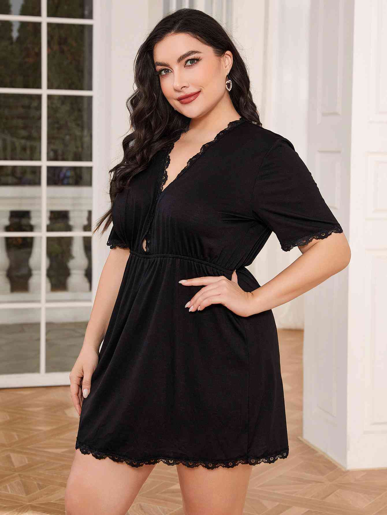 Plus Size Lace Trim Deep V Night Dress Sunset and Swim   