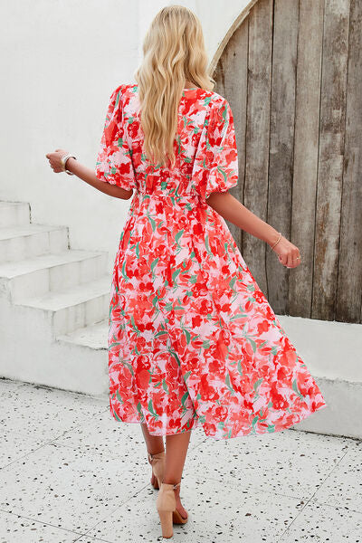 Smocked Printed V-Neck Short Sleeve Dress Sunset and Swim   