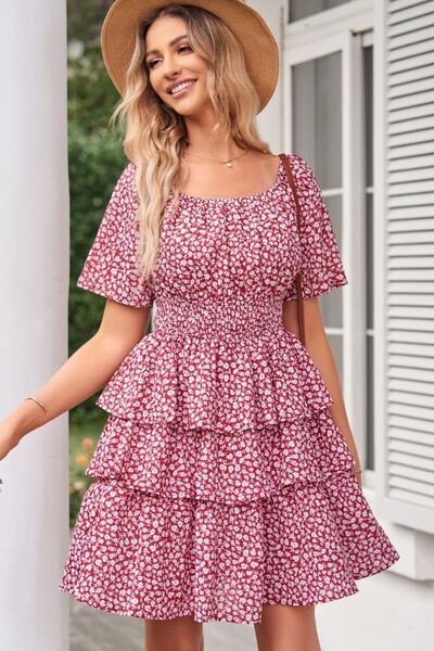 Floral Smocked Short Sleeve Layered Dress Sunset and Swim   