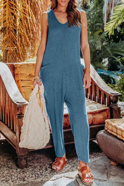 Double Take Full Size Sleeveless Straight Jumpsuit  Sunset and Swim Sky Blue S 