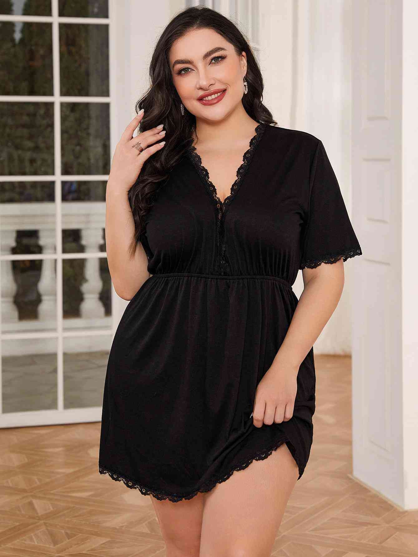 Plus Size Lace Trim Deep V Night Dress Sunset and Swim   