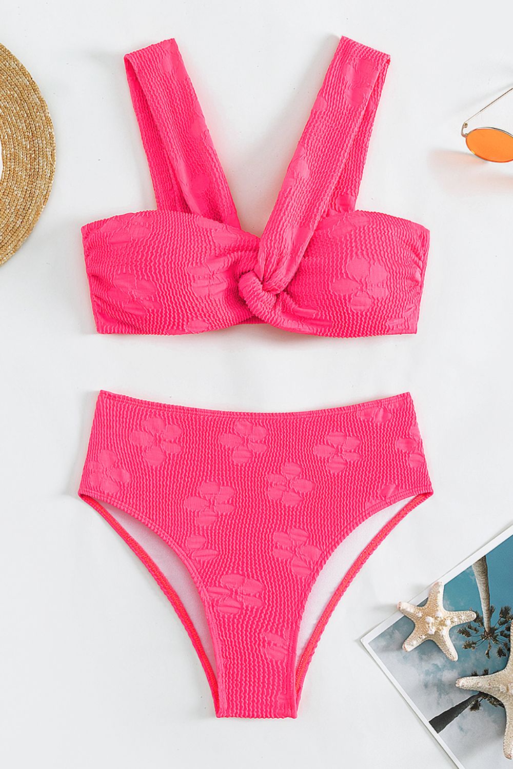 Sunset and Swim Textured Twisted Detail Bikini Set  Sunset and Swim Hot Pink S 