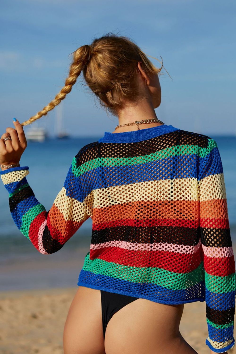 Rainbow Stripe Openwork Long Sleeve Crochet Cover Up Top  Sunset and Swim   