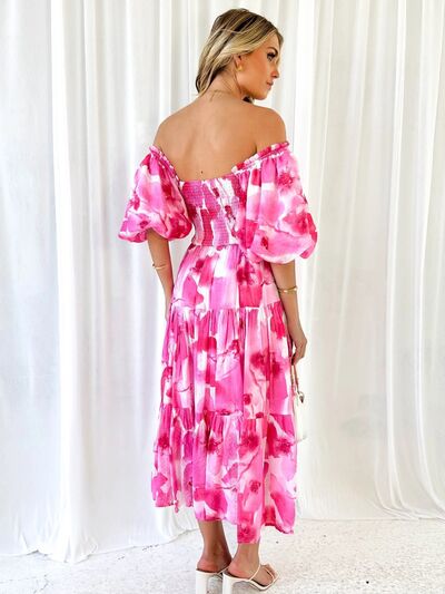 Printed Smocked Off-Shoulder Tiered Dress Sunset and Swim   