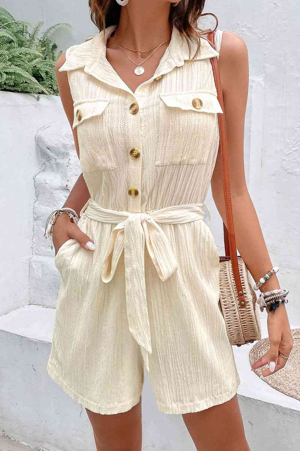 Collared Neck Buttoned Tie Waist Sleeveless Romper Sunset and Swim   