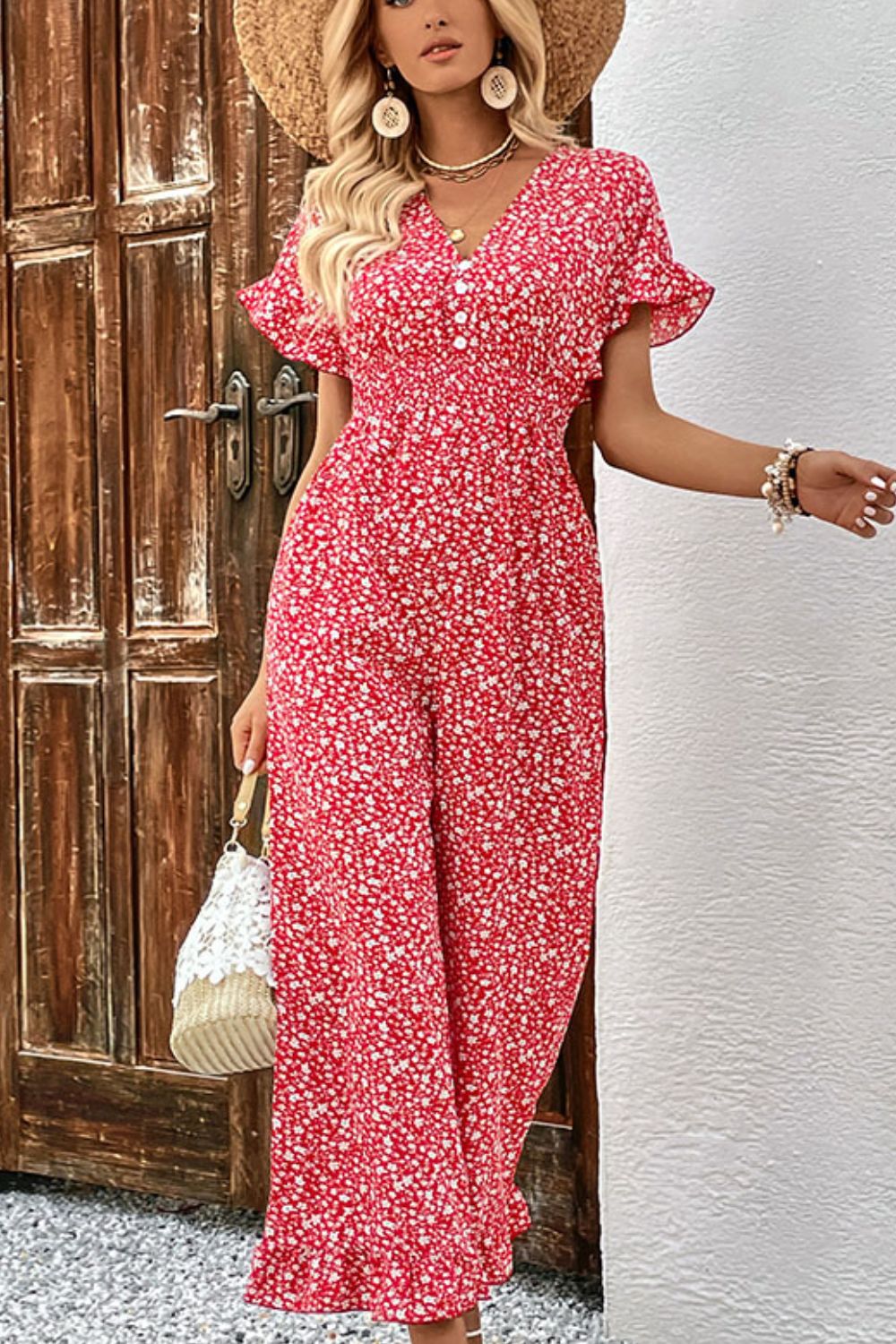 Printed Tie Back Ruffled Jumpsuit  Sunset and Swim   