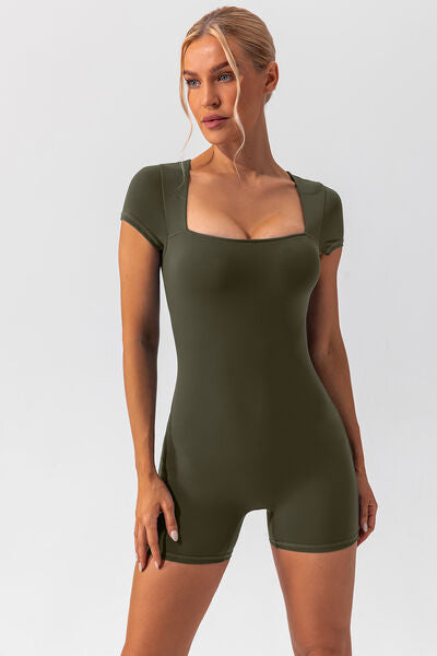 Square Neck Cap Sleeve Active Romper  Sunset and Swim Moss S 