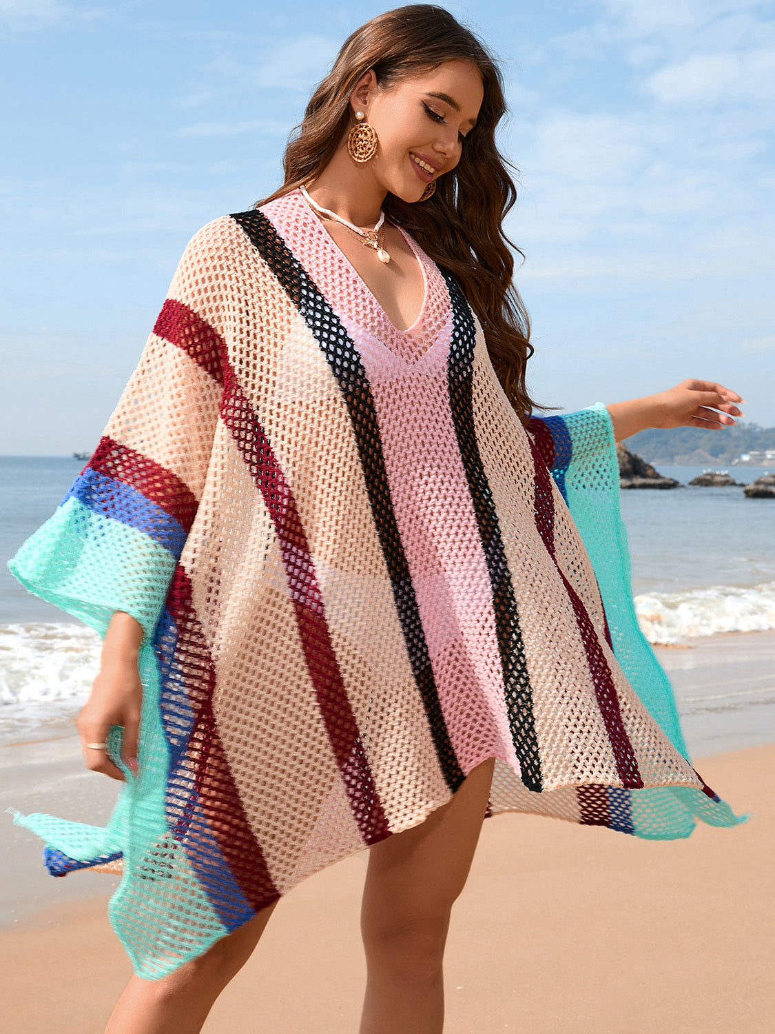 Sunset Vacation  Openwork Color Block Plunge Cover-Up Sunset and Swim   