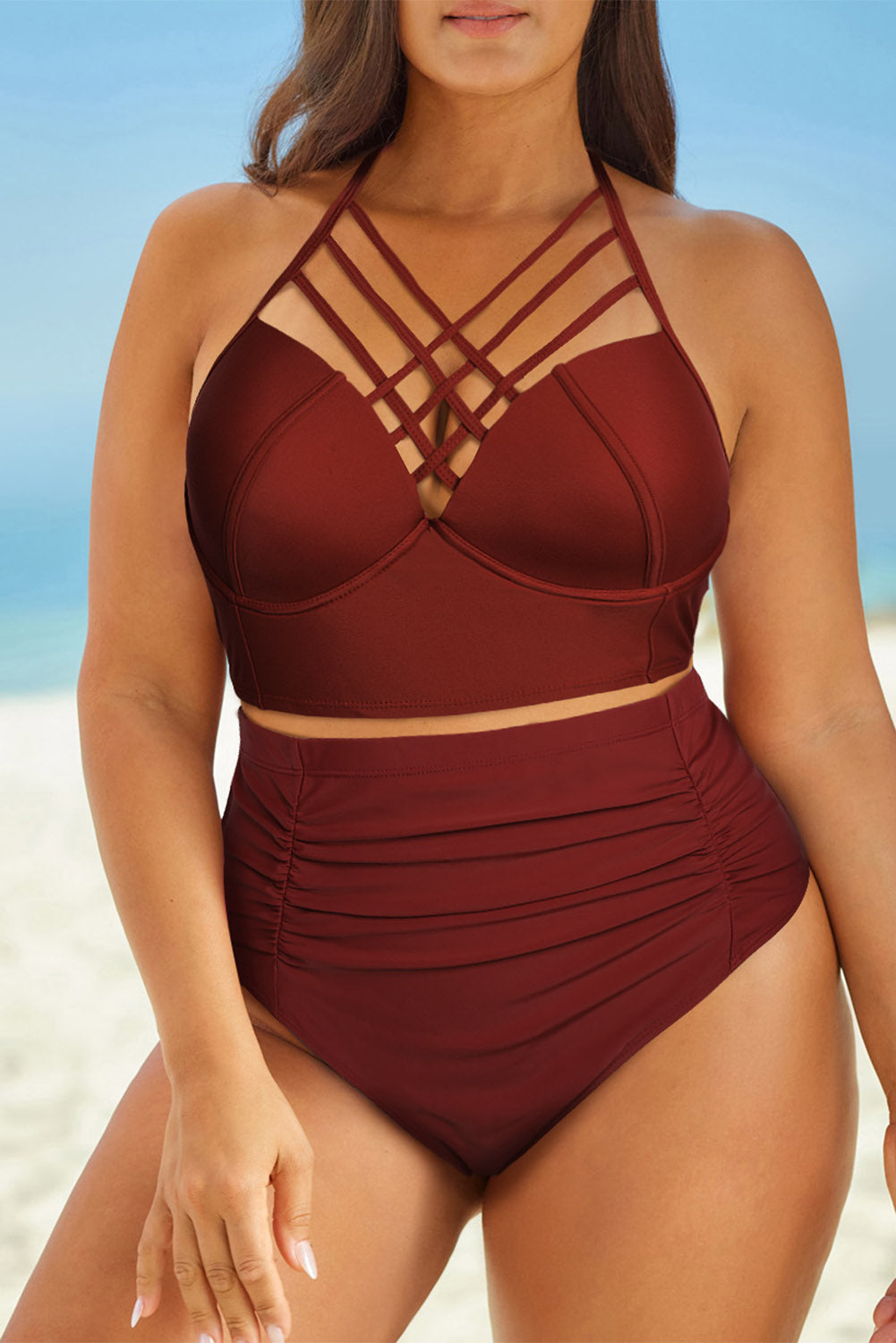 Halter Neck Crisscross Ruched Two-Piece Swimsuit  Sunset and Swim Brick Red S 
