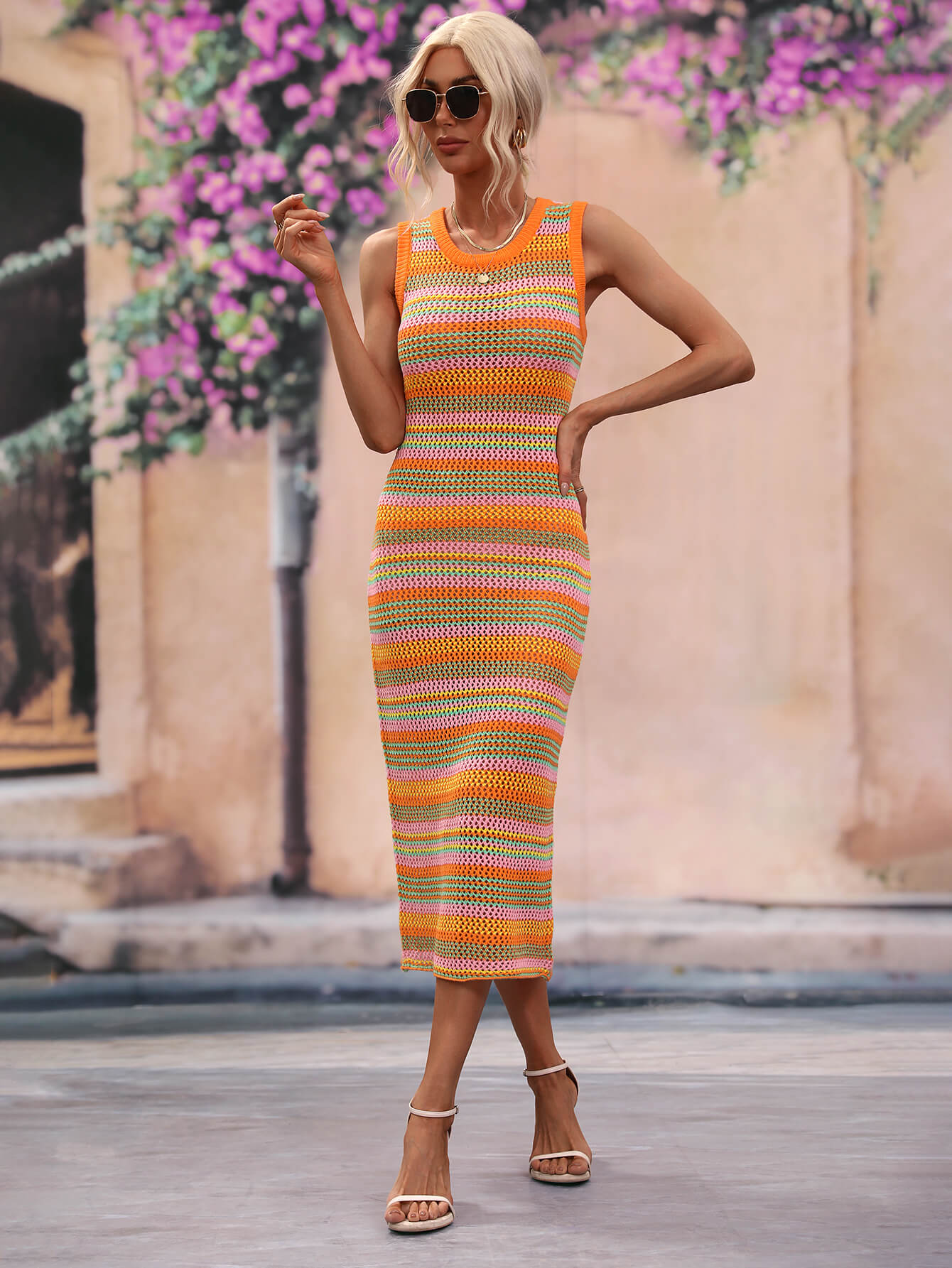 Michalina Striped Round Neck Sleeveless Midi Crochet Swimsuit Cover Up Dress  Sunset and Swim Orange S 