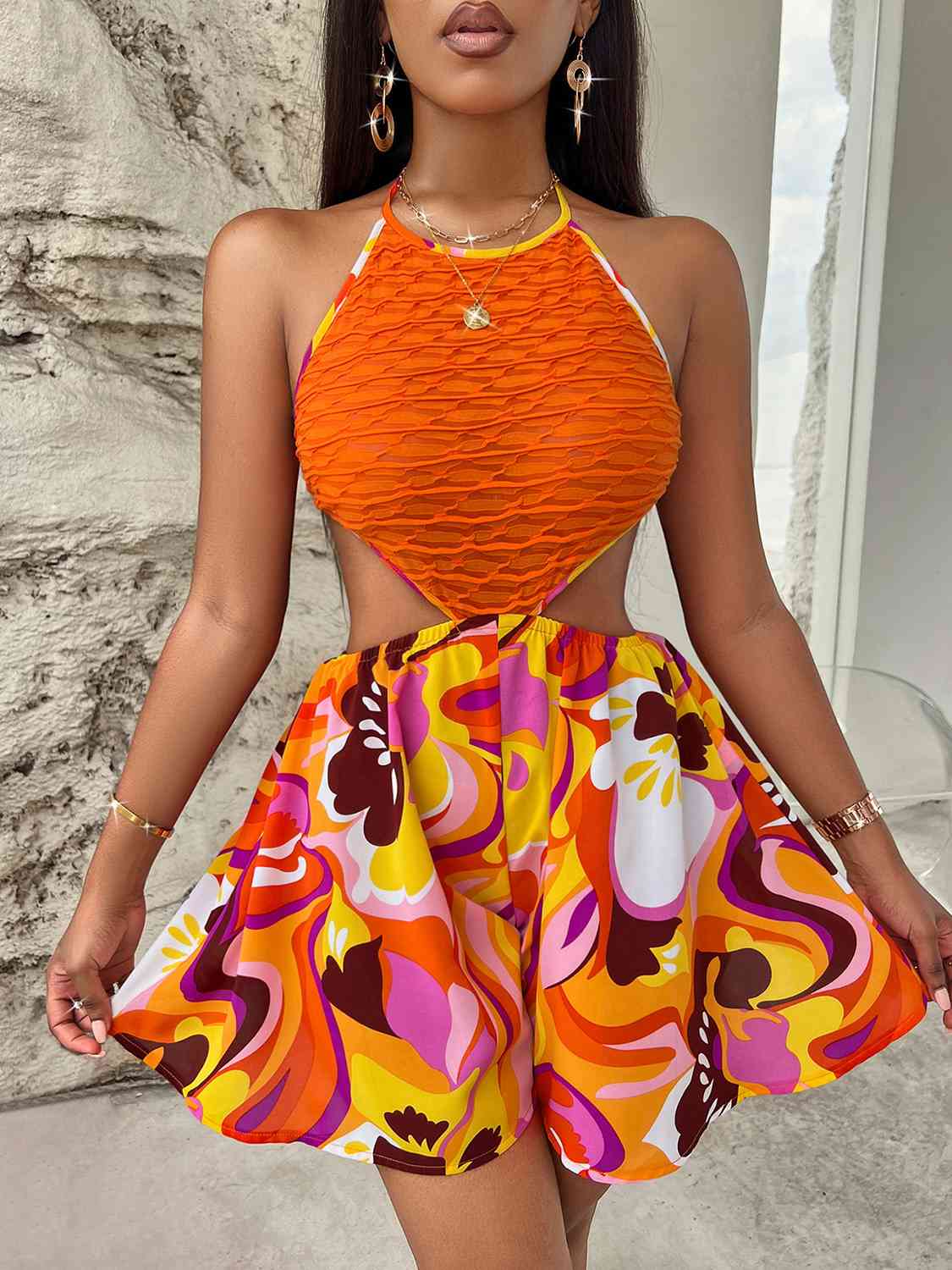 Sleeveless Cutout Printed Mini Dress Sunset and Swim Orange S 