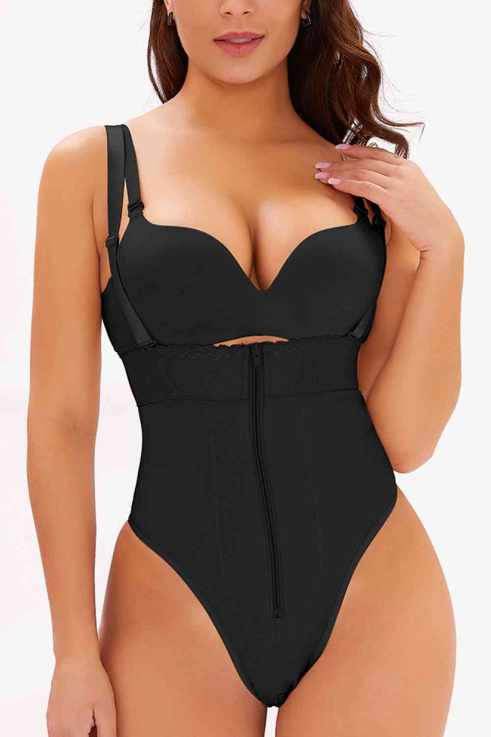 Full Size Adjustable Strap Zip-Up Shaping Bodysuit  Sunset and Swim Black S 