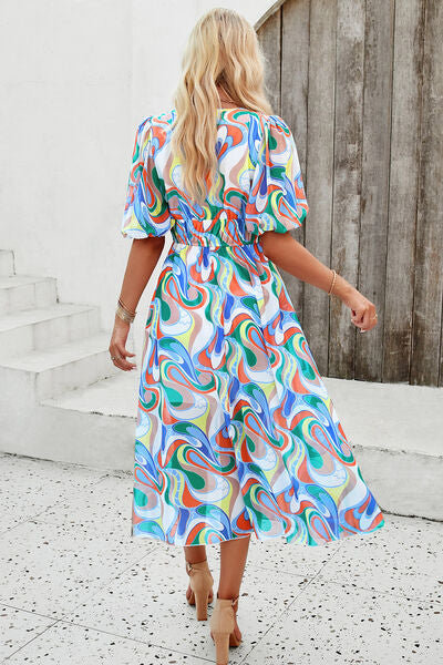 Smocked Printed V-Neck Short Sleeve Dress Sunset and Swim   