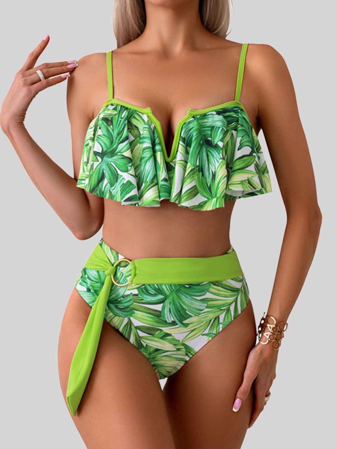 Sunset Vacation  Spaghetti Strap Notched Bikini Set Sunset and Swim Gum Leaf S 