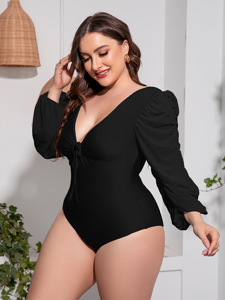 Plus Size Tied Deep V Balloon Sleeve One-Piece Swimsuit Sunset and Swim   