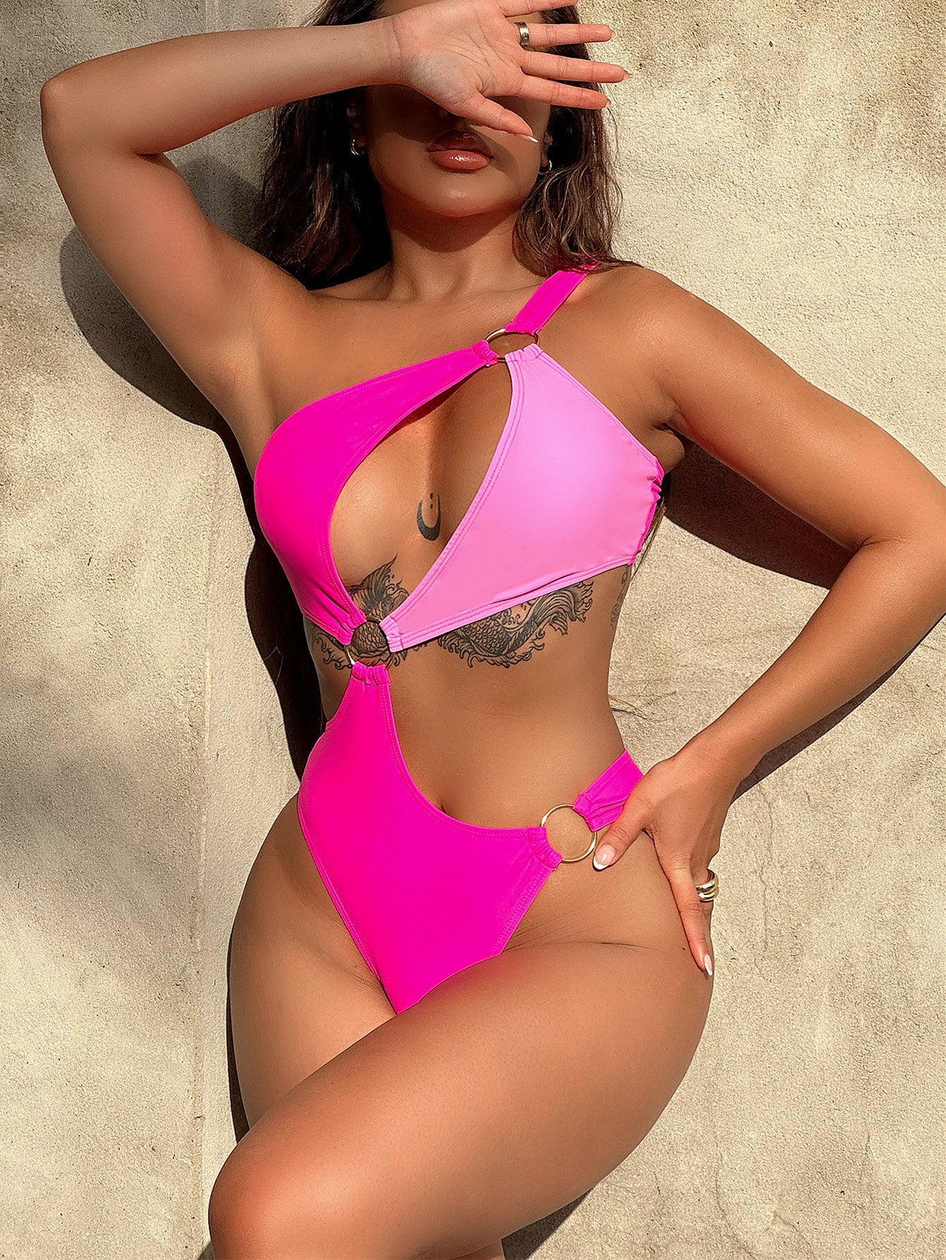 One-Shoulder Cutout Ring Detail One-Piece Swimsuit Sunset and Swim Hot Pink M 