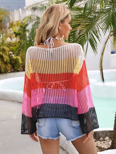 Sunset Vacation  Color Block Openwork Boat Neck Cover Up Sunset and Swim   
