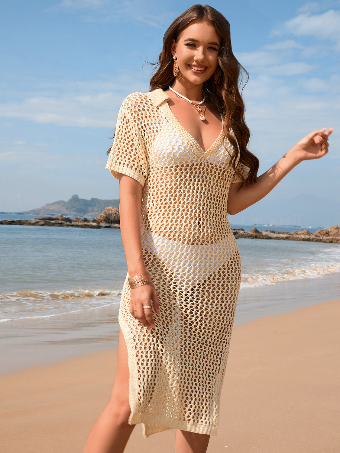 Sunset Vacation  Slit Openwork Johnny Collar Short Sleeve Cover-Up  Sunset and Swim   
