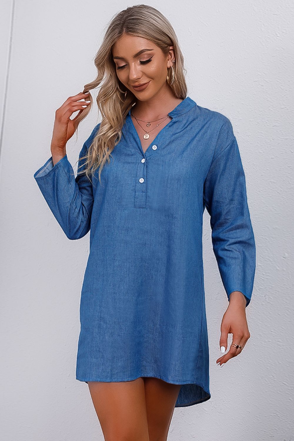 Half-Button Notched Neck High-Low Denim Dress Sunset and Swim   