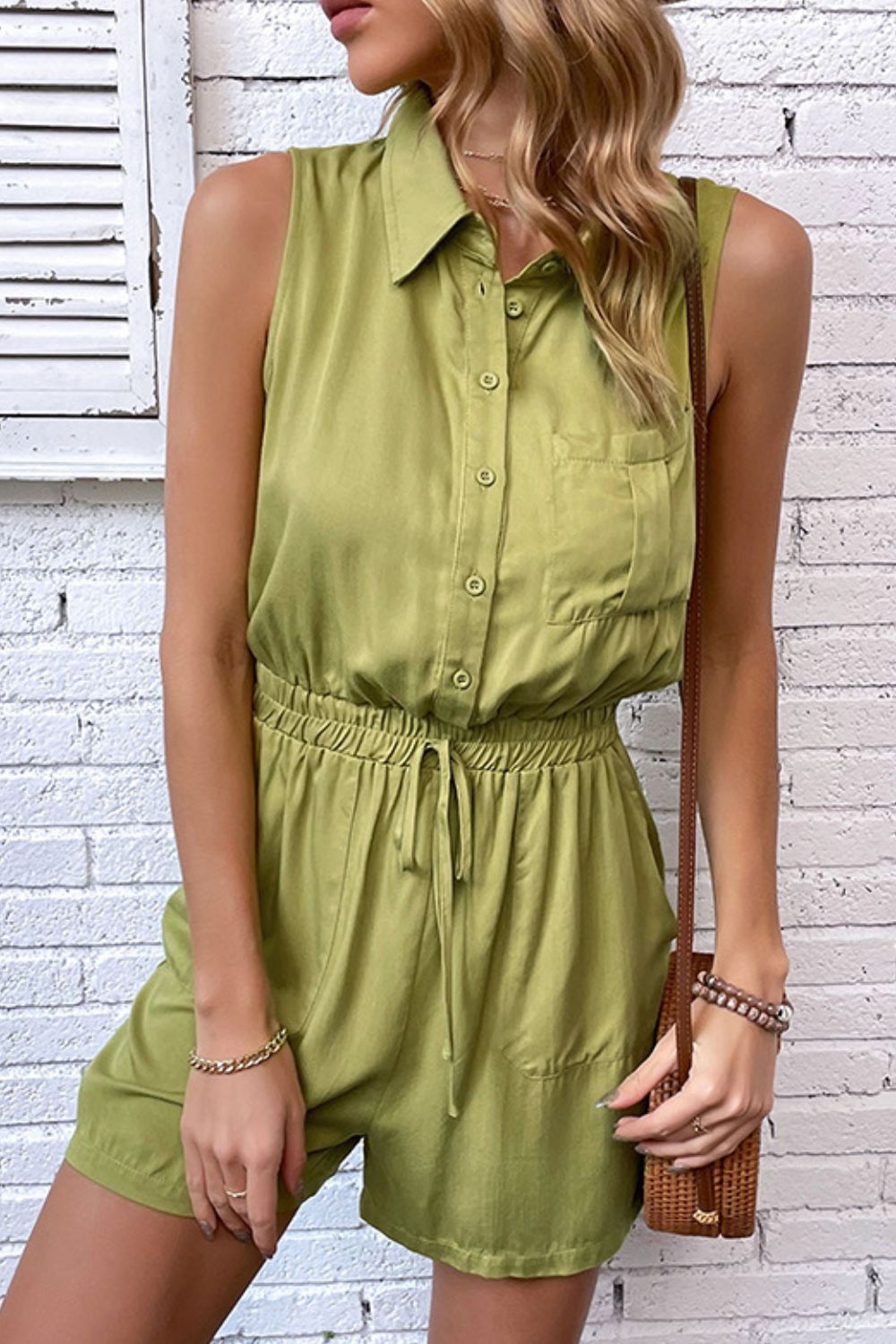 Collared Neck Sleeveless Romper with Pockets Playsuit  Sunset and Swim   