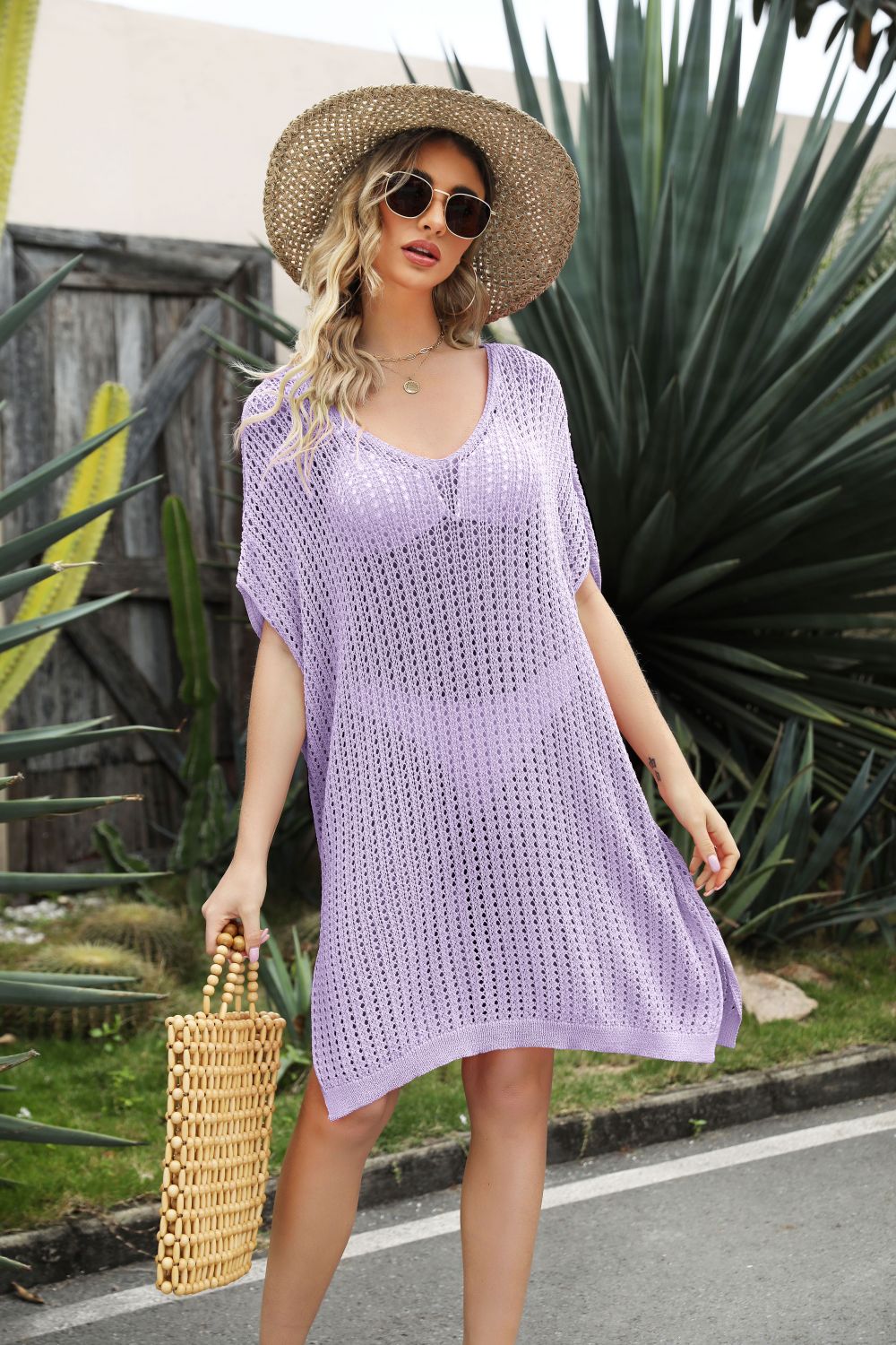 Sunset and Swim Openwork Side Slit Cover-Up Dress Swimsuit Coverup  Sunset and Swim Lavender One Size 