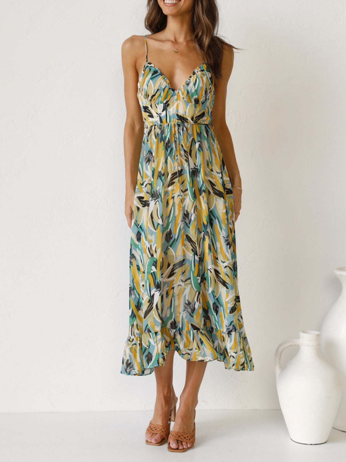 Sunset Vacation  Printed Sleeveless Midi Cami dress Sunset and Swim Gum Leaf S 