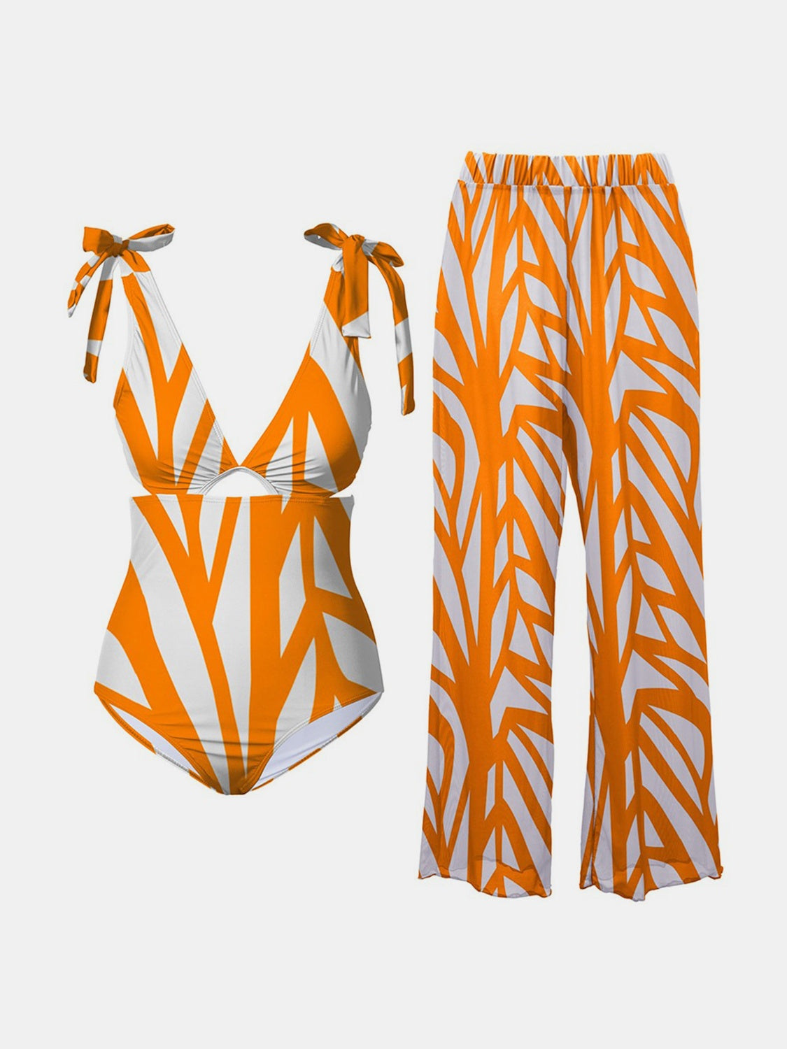 Sunset VCAY  Printed Tie Shoulder Swimwear and Pants Swim Set Sunset and Swim Tangerine S 