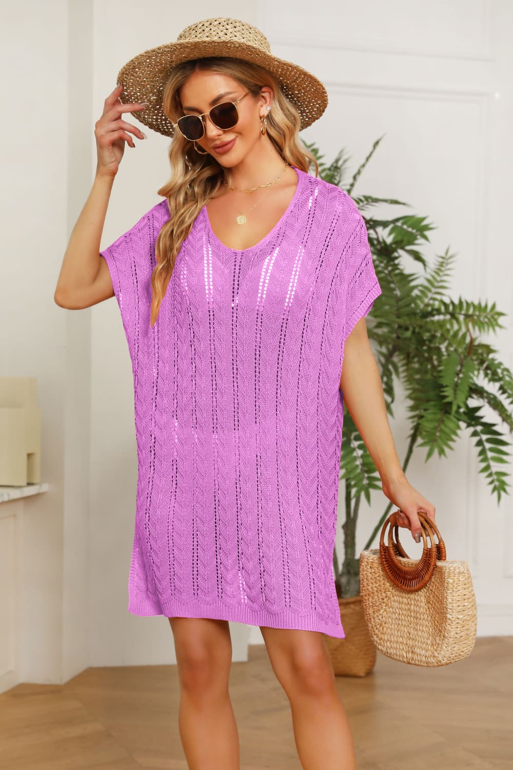 Openwork Side Slit Knit Dress  Sunset and Swim Heliotrope Purple One Size 