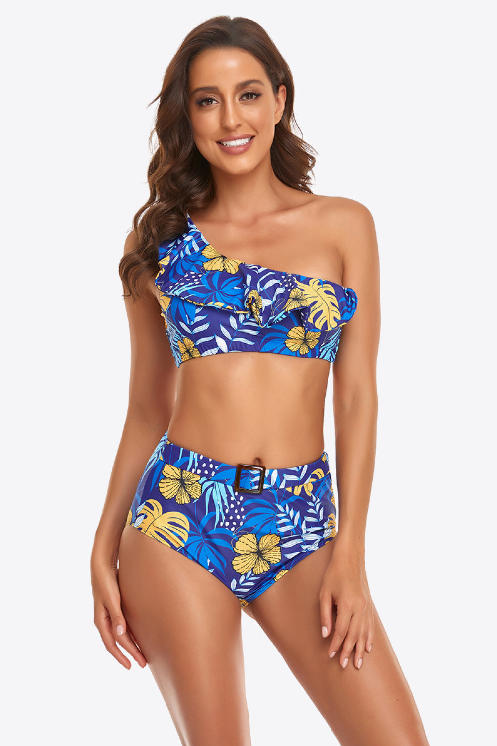 Ruffled One-Shoulder Buckled Bikini Set  Sunset and Swim Sky Blue S 