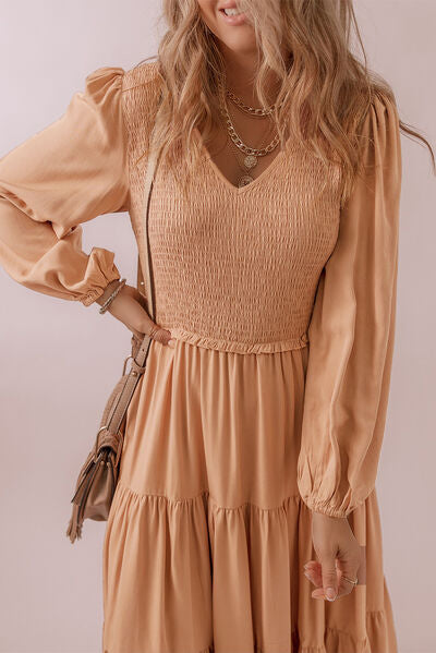 Smocked V-Neck Long Sleeve Tiered Dress Sunset and Swim   