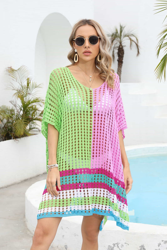 Sunset and Swim Contrast Scoop Neck Openwork Half Sleeve Swimsuit Coverup  Sunset and Swim Lime One Size 