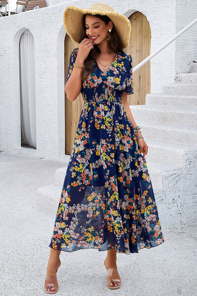 Smocked Floral V-Neck Short Sleeve Dress Sunset and Swim   