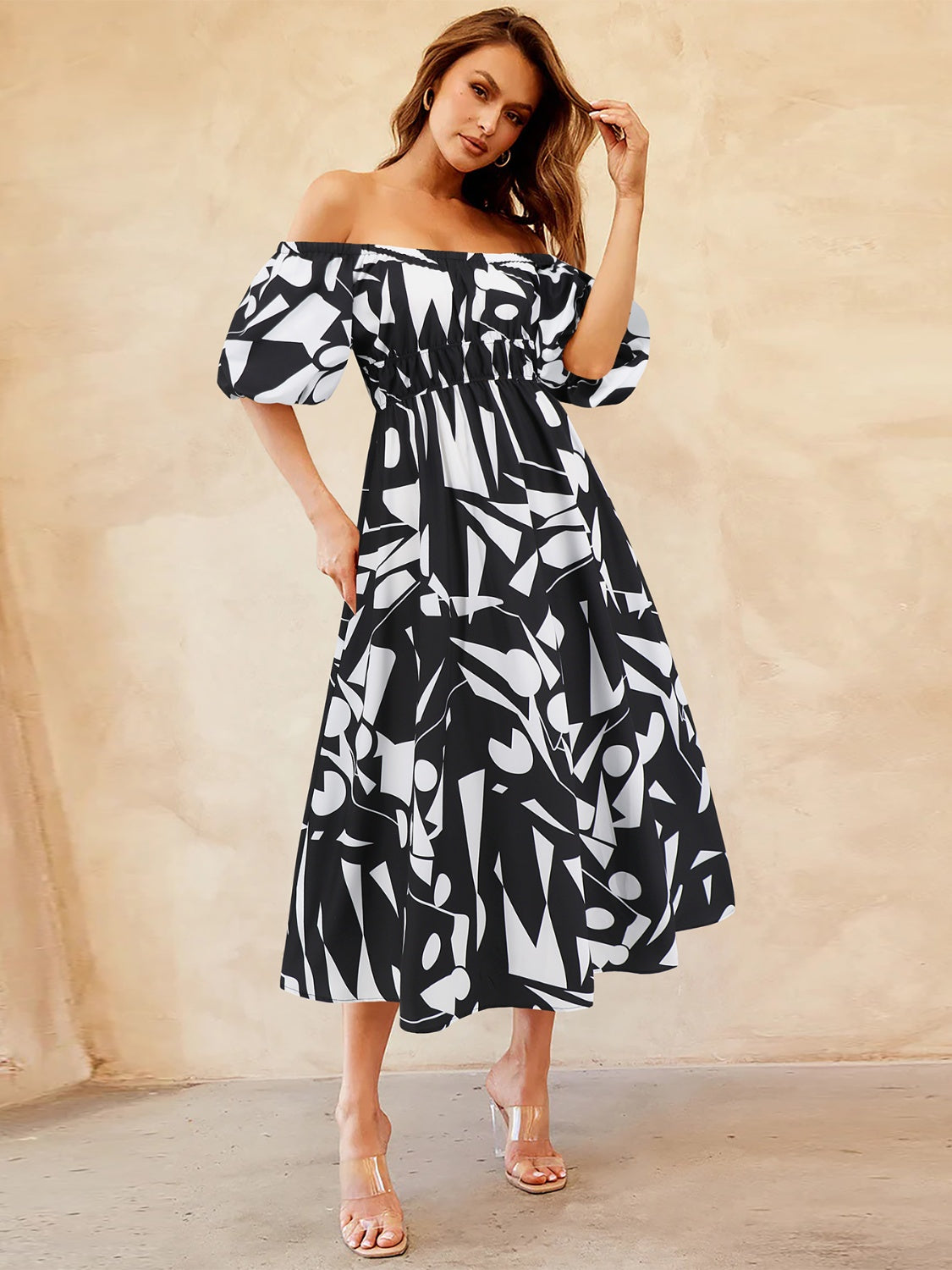 Sunset Vacation  Printed Off-Shoulder Balloon Sleeve Dress Sunset and Swim Black S 