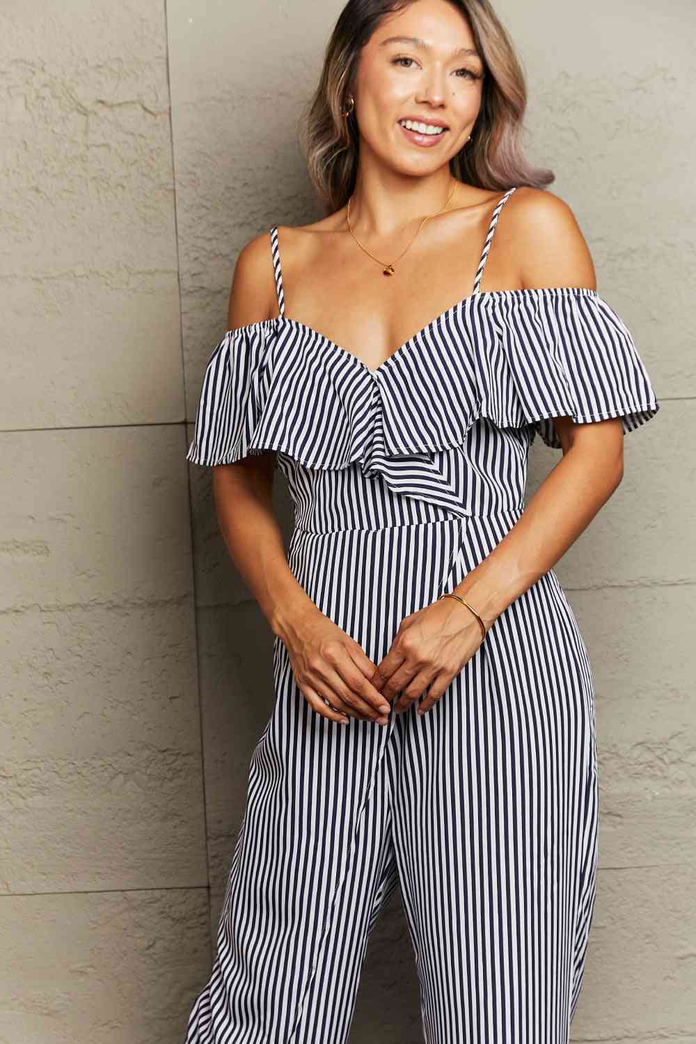 Striped Spaghetti Strap Cold-Shoulder Jumpsuit Sunset and Swim   