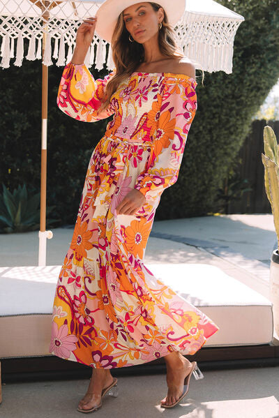 Printed Off-Shoulder Balloon Sleeve Maxi Dress Sunset and Swim   