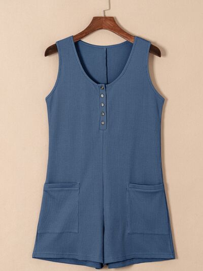 Waffle-Knit Half Button Sleeveless Romper with Pockets Sunset and Swim Dusty  Blue S 