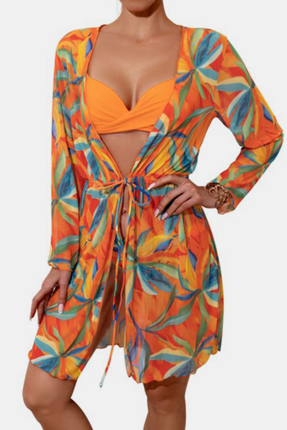 Sunset VCAY  Ruched Top, Brief and Tied Cover Up Swim Set Sunset and Swim Orange S 