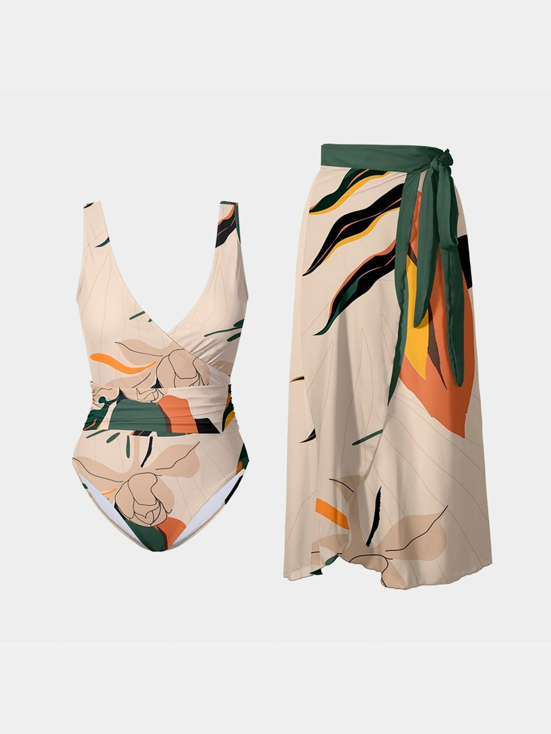 Sunset VCAY  Printed Surplice Wide Strap Swimwear and Skirt Swim Set Sunset and Swim Sand S 
