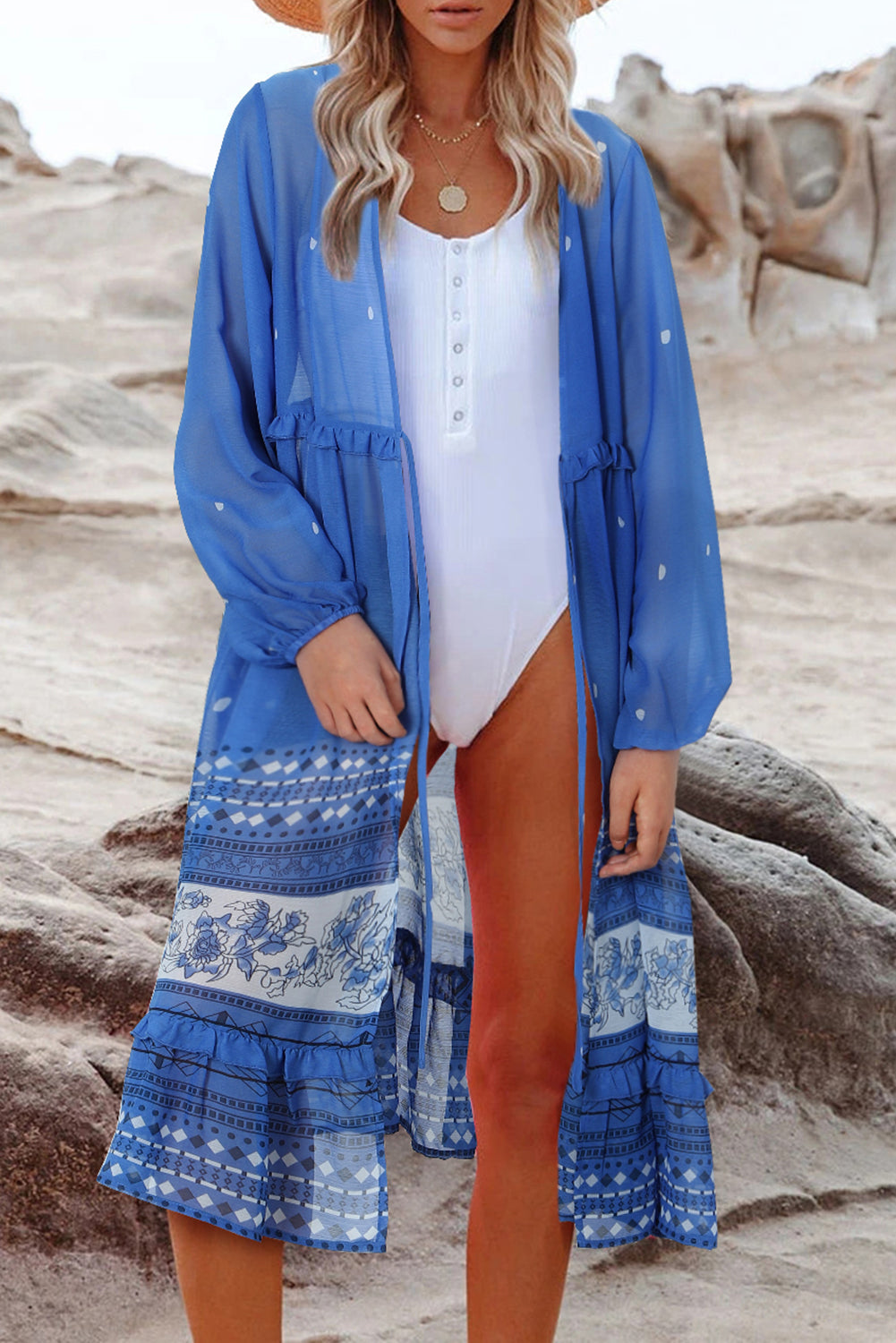 Printed Long Sleeve Tie Front Cover Up  Sunset and Swim   